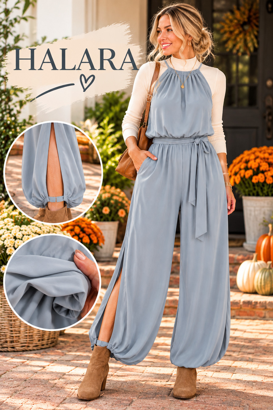 Halara Gray Blue Wide Leg Jumpsuit Side Slit Tie Waist XL